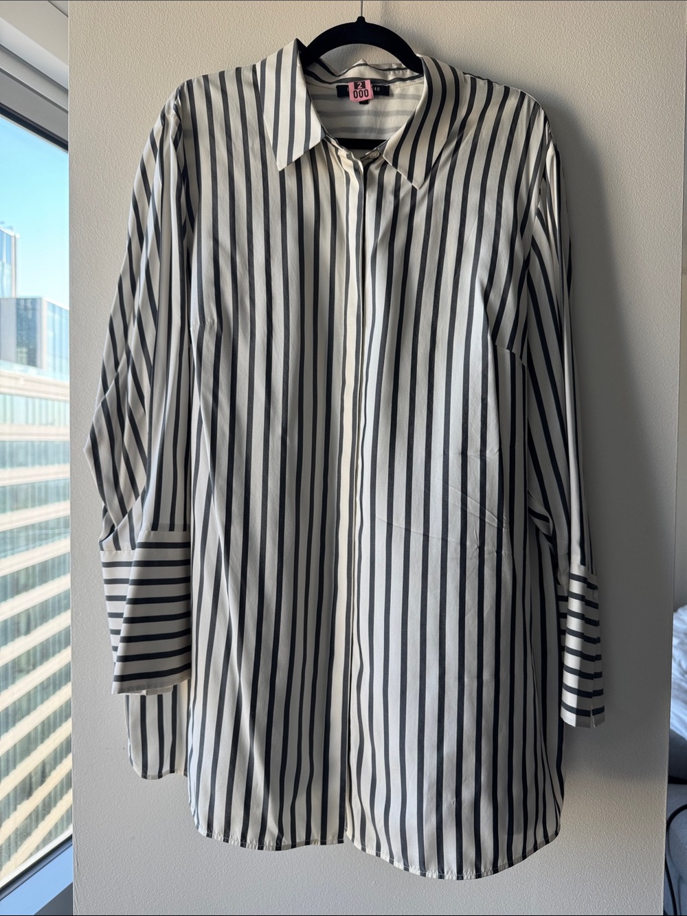 Lafayette 148 New York Black and White Striped Button-Down Shirt Silk